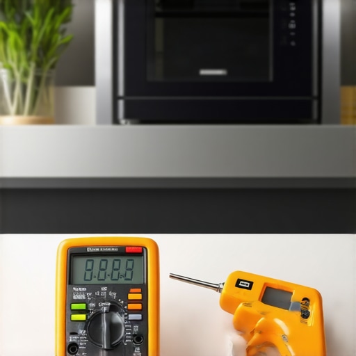 A multimeter and infrared thermometer on a kitchen counter for oven diagnostics.