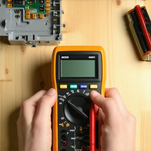 Multimeter and 9V battery being used for refrigerator diagnostics