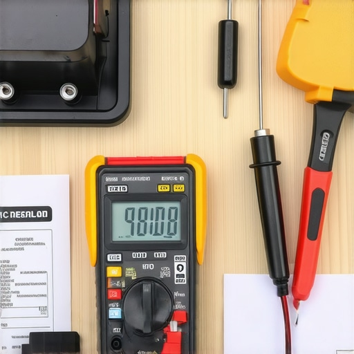 A digital multimeter testing a refrigerator component for continuity