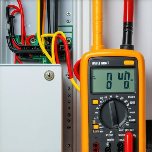 A digital multimeter being used to test appliance wiring for continuity and safety.