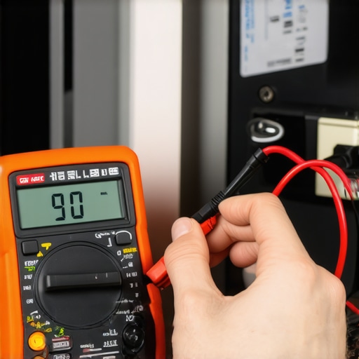 A person using a digital multimeter to test a refrigerator compressor for continuity and electrical health.