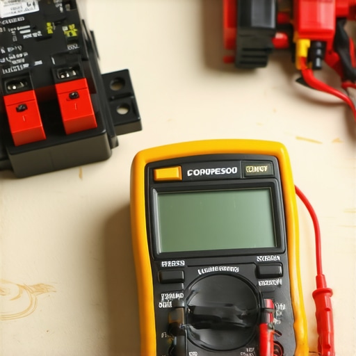 Close up of a digital multimeter and a refrigerator start relay for DIY testing.