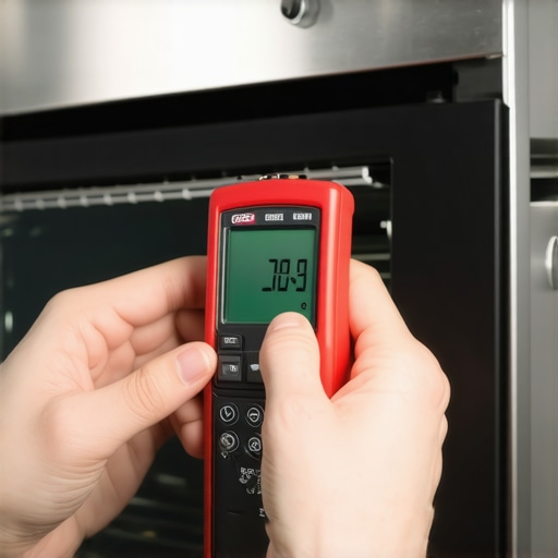 Homeowner using a multimeter and laser thermometer to diagnose an oven heating element