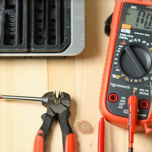 Digital multimeter and nut driver tools used for oven and refrigerator diagnostics on a workbench.
