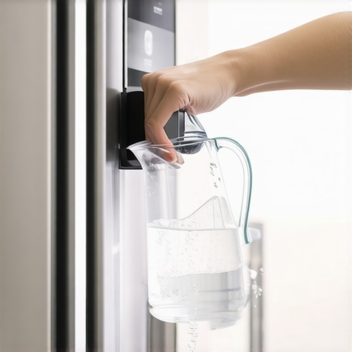 Step-by-step process of purging plastic taste from refrigerator water dispenser using a glass pitcher.