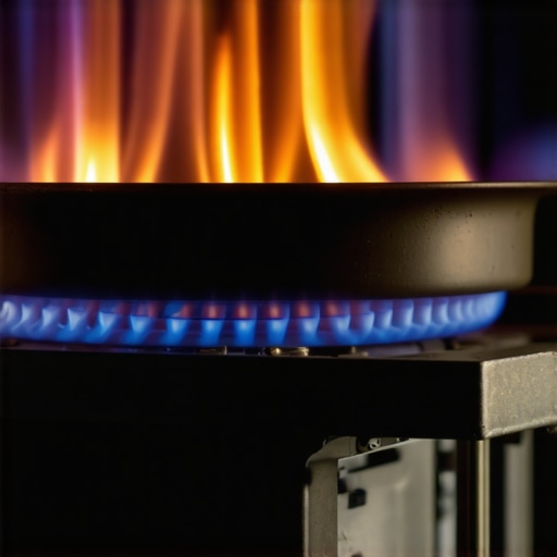 A bright orange-white glowing igniter under a gas broiler burner assembly