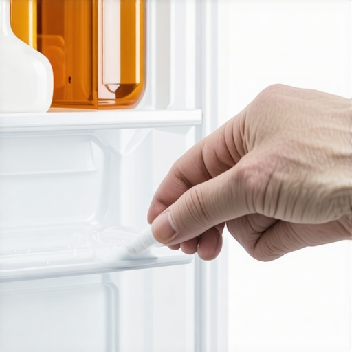 A person performing a DIY plastic weld repair on a refrigerator shelf using baking soda and glue.