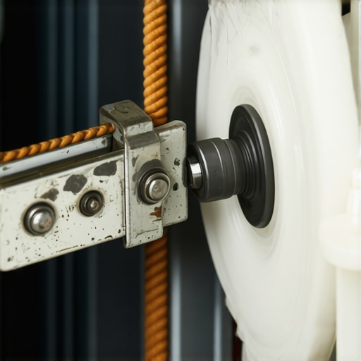 A detailed view of a worn oven door hinge mechanism and pulley system showing mechanical fatigue.