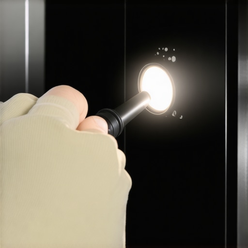 A close-up view of a flashlight shining on a metallic oven heating element to inspect for structural damage and blisters.