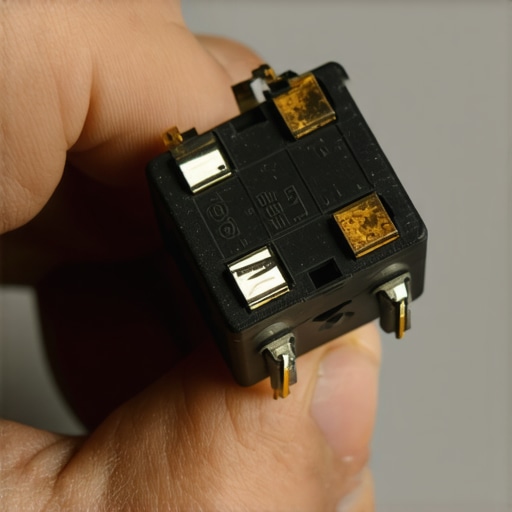 Close-up of a technician holding a worn refrigerator start relay with visible wear and tear.