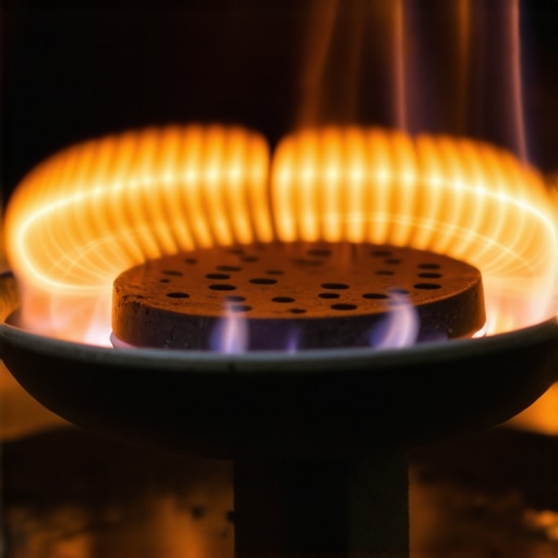 A bright orange glowing gas oven igniter during the preheating process.