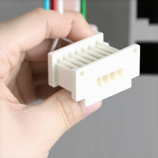 A technician holding a small plastic air damper motor for a refrigerator to check for mechanical failure.