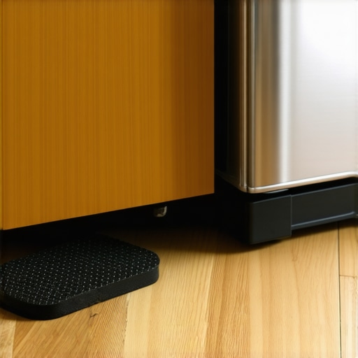 Installing Anti-Vibration Pads for Refrigerator Rubber anti-vibration pads under a refrigerator leg to reduce kitchen noise.
