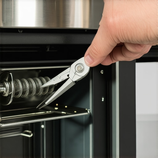 Technician using pliers to hook a high-tension oven door spring into place during a repair.