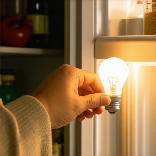 A person's hand screwing in a replacement LED bulb inside a refrigerator compartment.