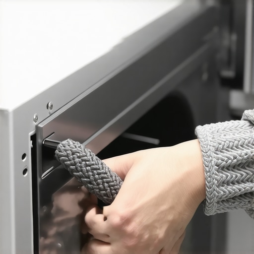 Installing a new oven door gasket by hand Close-up of a person pressing a fiberglass oven seal into the door channel.