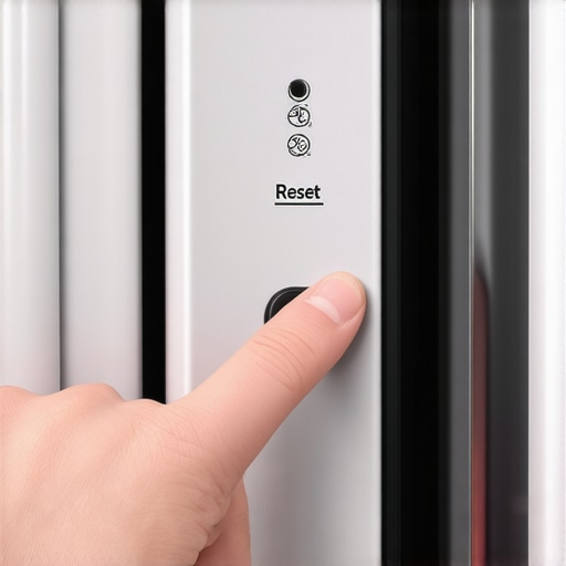 A hand pressing the manual reset button on a refrigerator ice maker to start a harvest cycle.