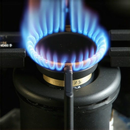Close-up of a clean gas stove burner producing a steady blue flame.