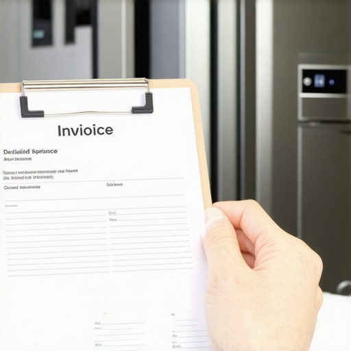 A clipboard holding appliance service records and diagnostic paperwork inside a kitchen