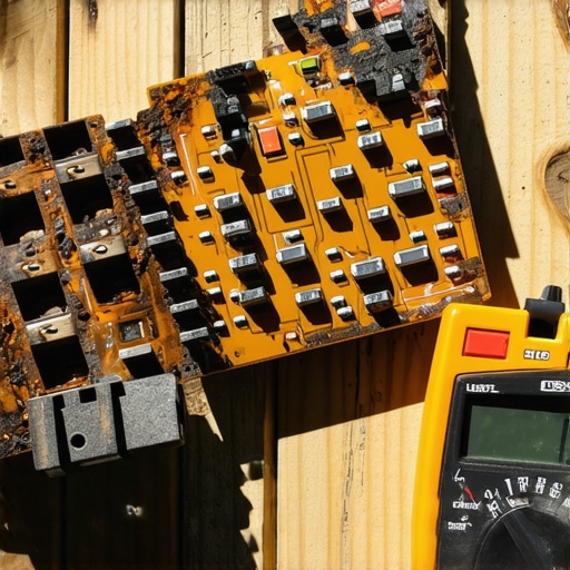 Close up of a multimeter testing a charred oven circuit board for repair diagnostics.