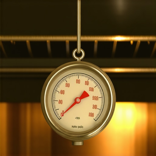 Hanging analog thermometer inside an oven rack being used for temperature verification.