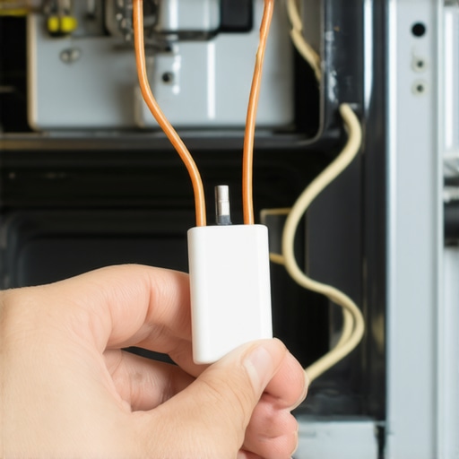 A technician inspecting a thermal fuse in the back of an oven to diagnose heating issues.