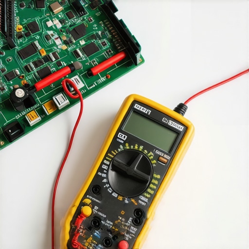 A digital multimeter testing an appliance electronic control board
