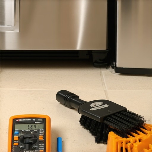 Digital multimeter and coil brush for DIY appliance repair and maintenance.