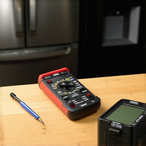 Close up of a multimeter and inspection tools used for refrigerator and oven repair.