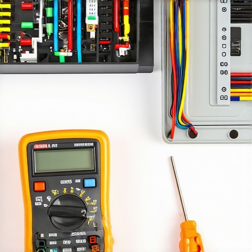 Close-up of a digital multimeter and oven wiring for DIY repair diagnostics.