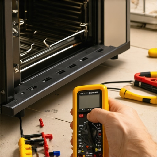 Close-up of testing an oven heating element with a digital multimeter for maintenance.