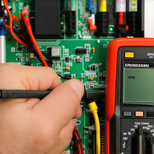 Technician using a multimeter on an appliance circuit board