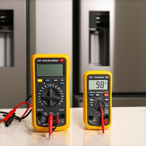 A Fluke multimeter and voltage tester used for refrigerator and oven repair diagnostics.