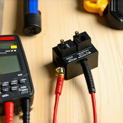 A digital multimeter being used to test a refrigerator start relay for electrical continuity.