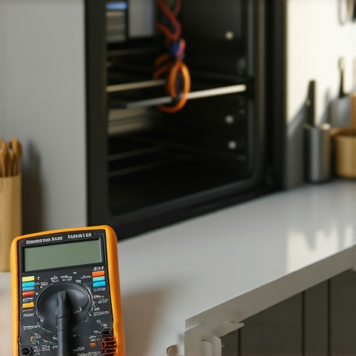 Close up of a digital multimeter testing oven components for continuity