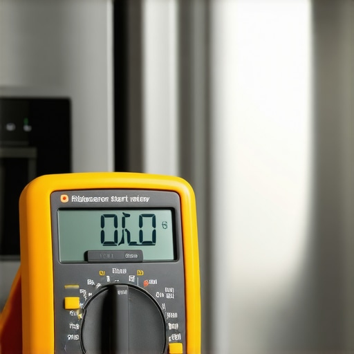 Professional Multimeter Diagnostic Testing A technician using a digital multimeter to test a refrigerator component for electrical continuity.