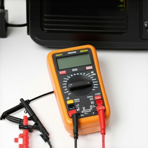 A digital multimeter testing an oven heating element for continuity and resistance.