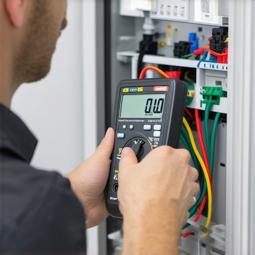 Technician using a Fluke multimeter to diagnose a refrigerator circuit board.