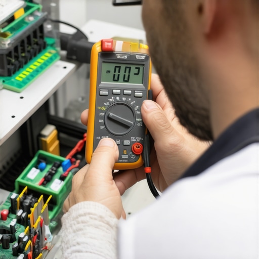 Technician using a digital multimeter to test an oven control board for electrical resistance.