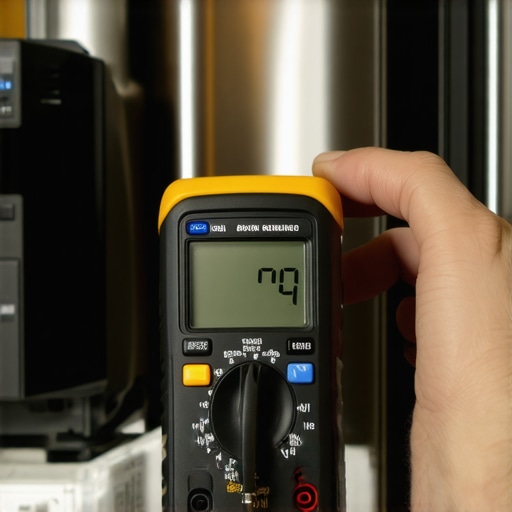A technician using a digital multimeter to diagnose a refrigerator door sensor issue.
