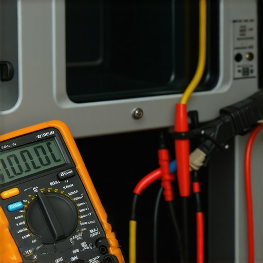 A digital multimeter being used to check the electrical resistance of an oven bake element