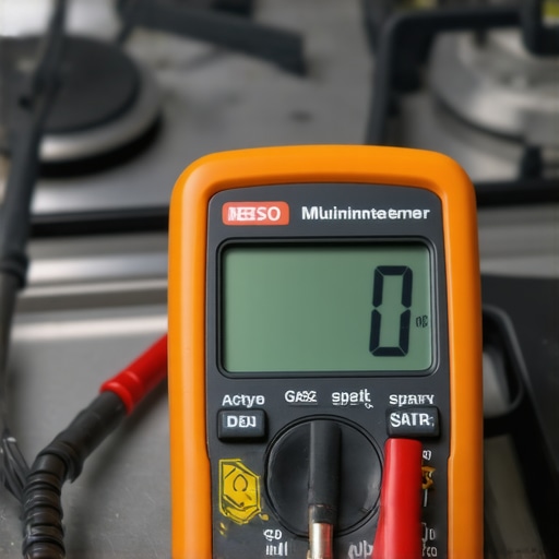 Close-up of a technician using a multimeter to diagnose a gas range ignition system