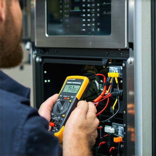 Technician using a multimeter to diagnose an oven F1 error code on a circuit board.