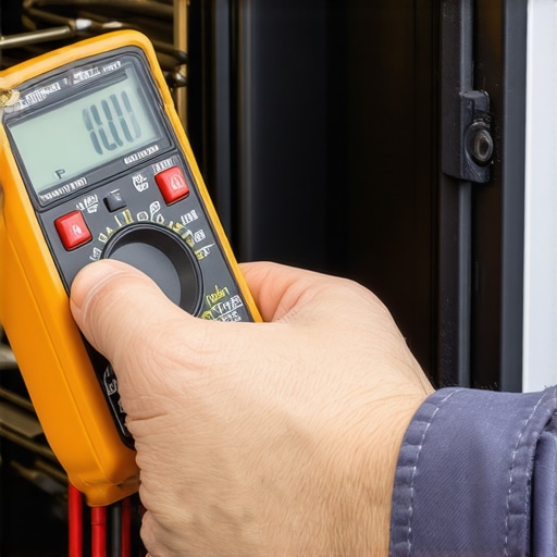 Technician using a multimeter to diagnose a faulty oven heating element.