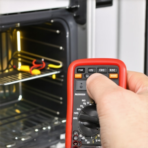 Professional Oven Diagnostic Testing Technician using a multimeter to test oven wiring and motor functionality