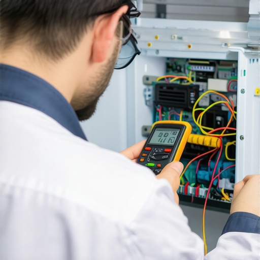 Technician using a multimeter on a refrigerator circuit board.