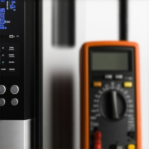 A digital refrigerator display showing an error code with a multimeter in the background.