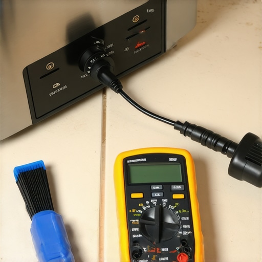 A digital multimeter and condenser coil cleaning brush used for routine kitchen appliance maintenance.