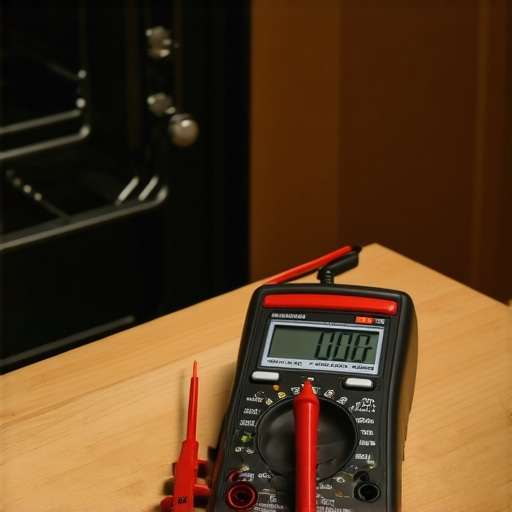 A digital multimeter being used for diagnostic testing on a kitchen appliance circuit board.
