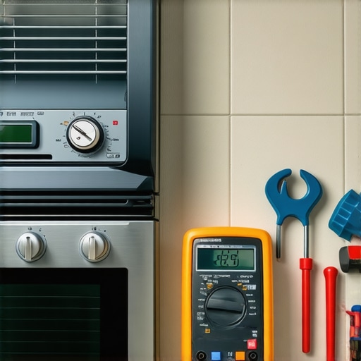 A digital multimeter being used to test an oven component for repair